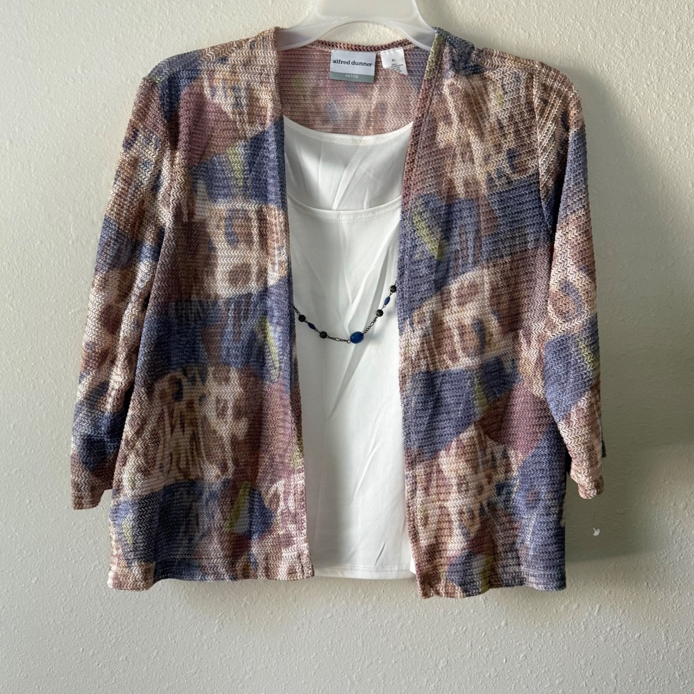 Alfred Dunner Petite 2PC Set Cardigan Shell Necklace Purple Tan Blue PL